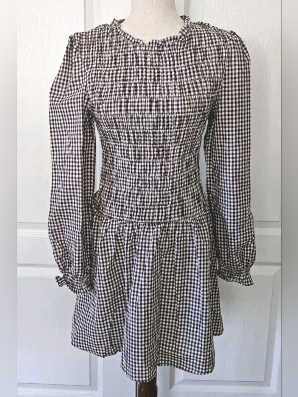 CUPSHE Brown Gingham Smocked Puff Sleeve Mini Dress NWT M - Picture 3 of 9